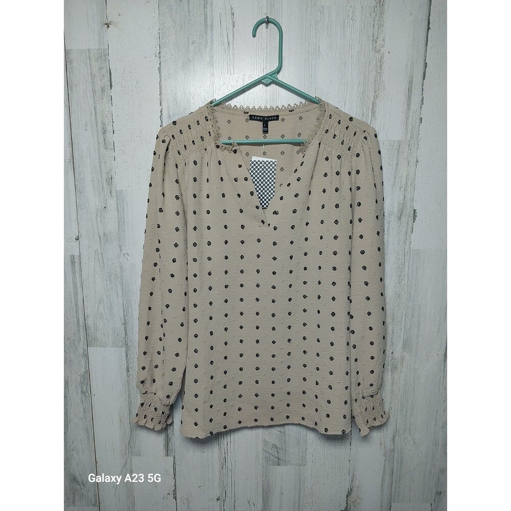 Long Sleeve Swiss Dot Beige Top Size Large NWT